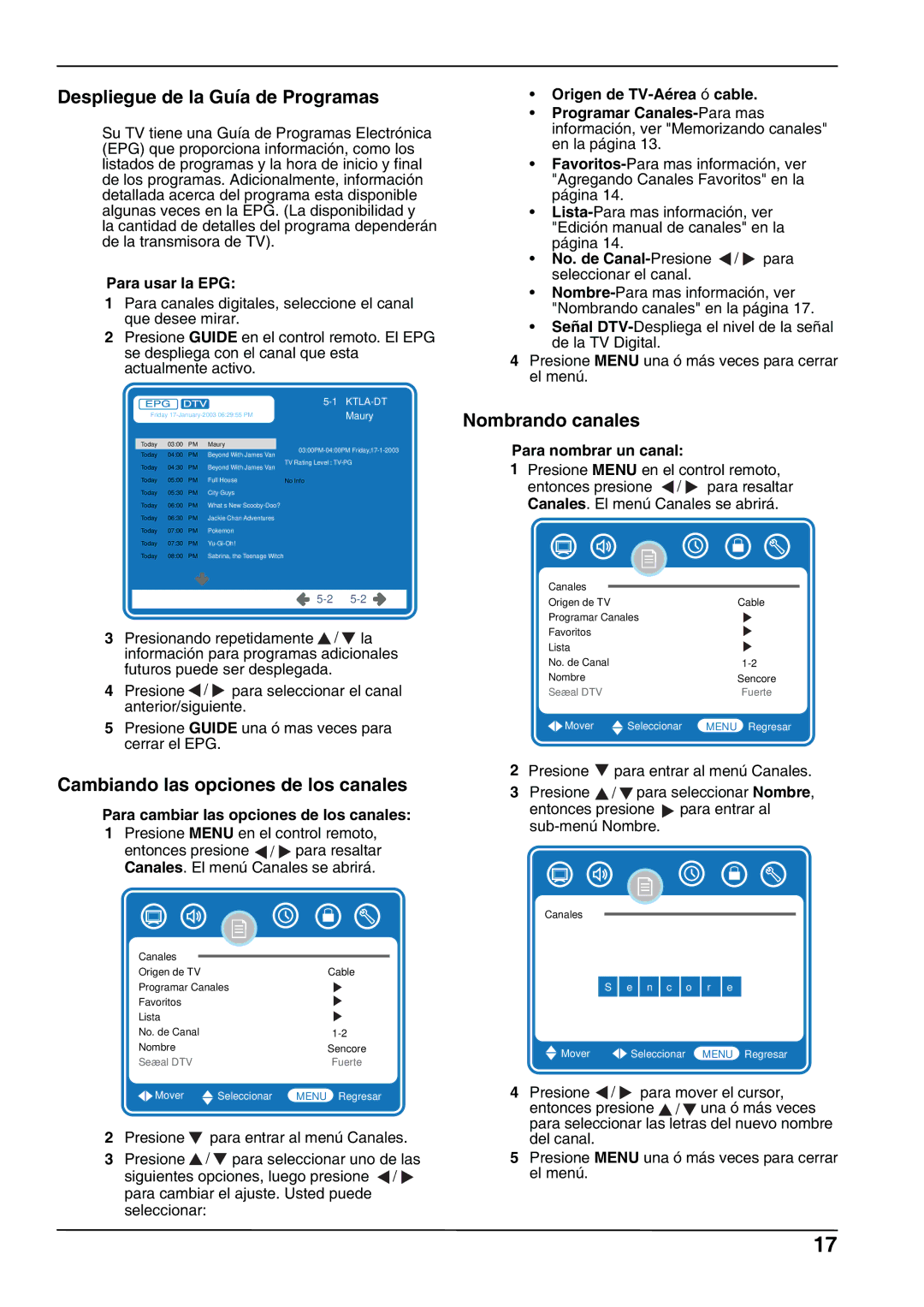 Hitachi L32A102G manual Despliegue de la Guía de Programas, Nombrando canales, Cambiando las opciones de los canales 