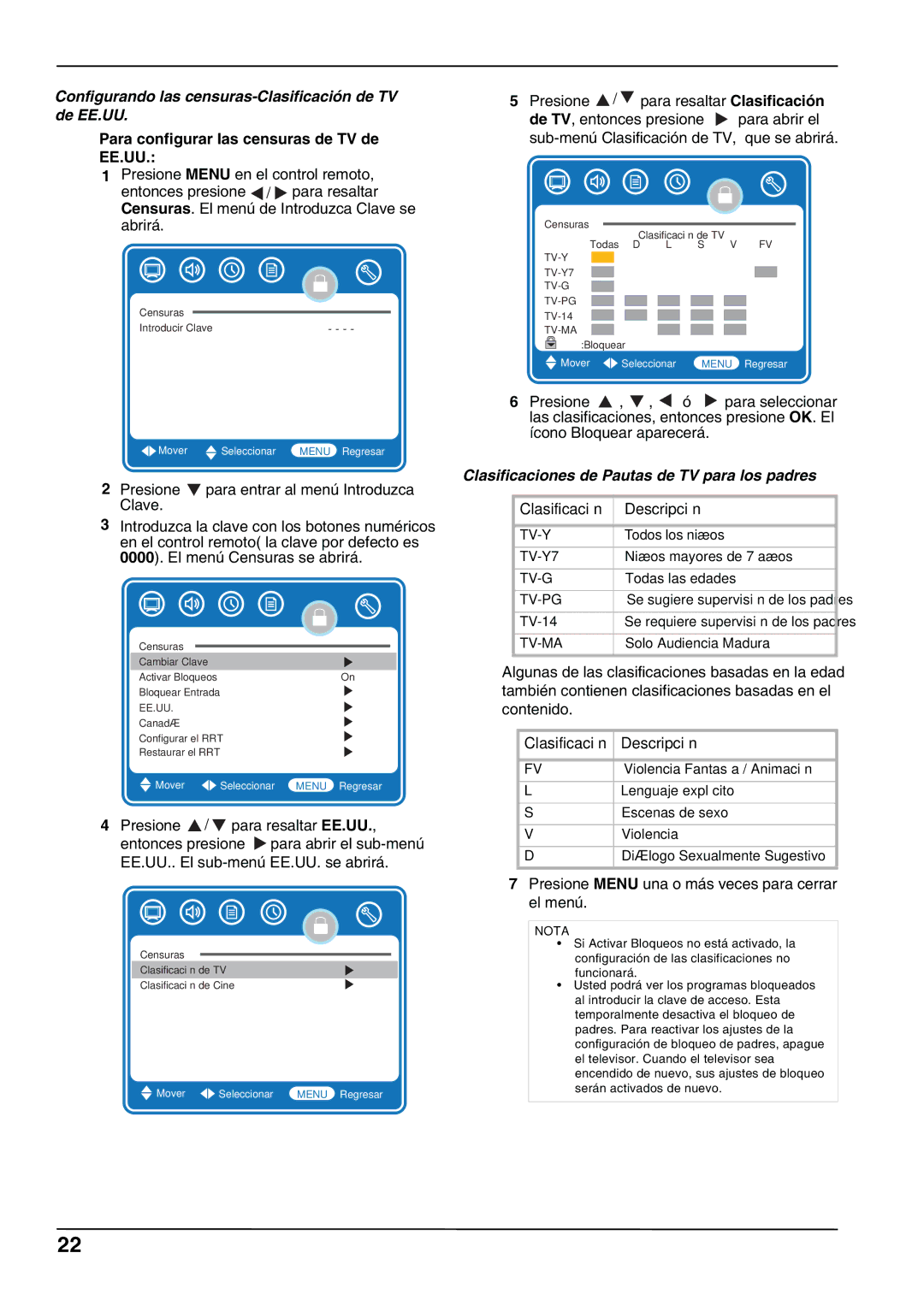 Hitachi L32A102G manual Configurando las censuras-Clasificación de TV de EE.UU, Para configurar las censuras de TV de 