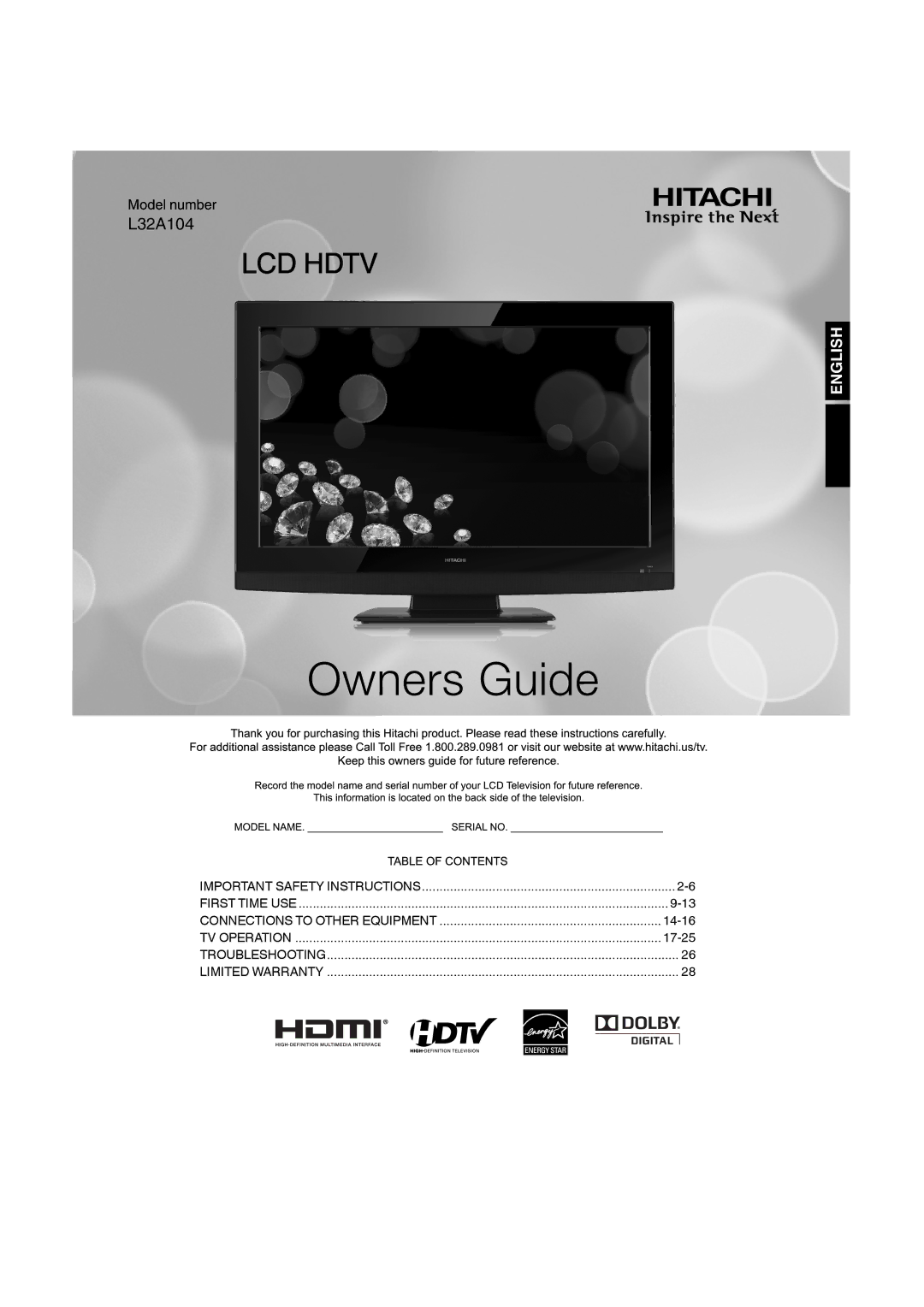 Hitachi L32A104 important safety instructions LCD Hdtv 