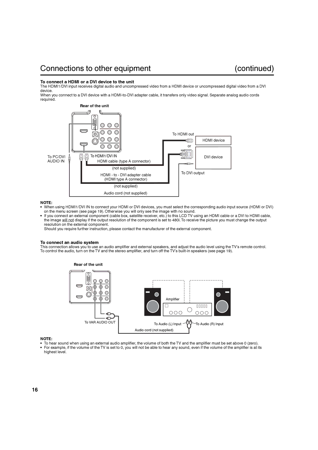 Hitachi L32A104 To connect a Hdmi or a DVI device to the unit, To connect an audio system, To PC/DVI To HDMI1/DVI 