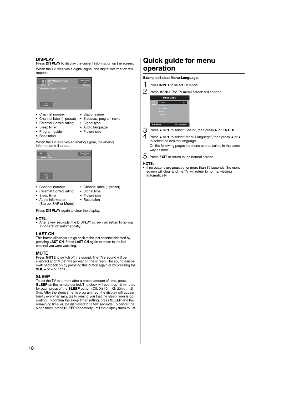 Hitachi L32A104 important safety instructions Quick guide for menu operation, Example Select Menu Language 