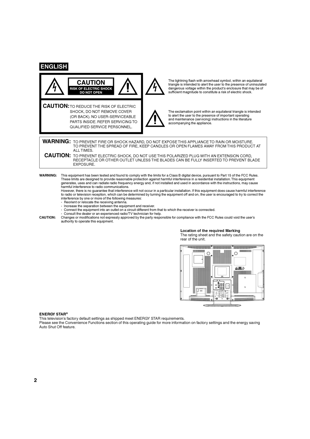 Hitachi L32A104 important safety instructions Location of the required Marking, Energy Star 