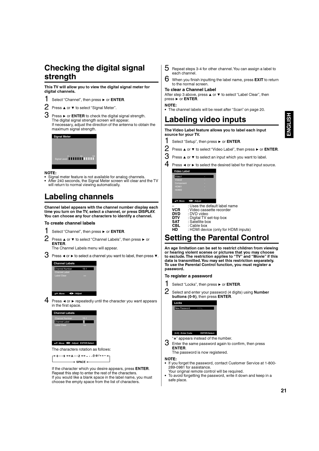 Hitachi L32A104 Checking the digital signal strength, Labeling channels, Labeling video inputs 