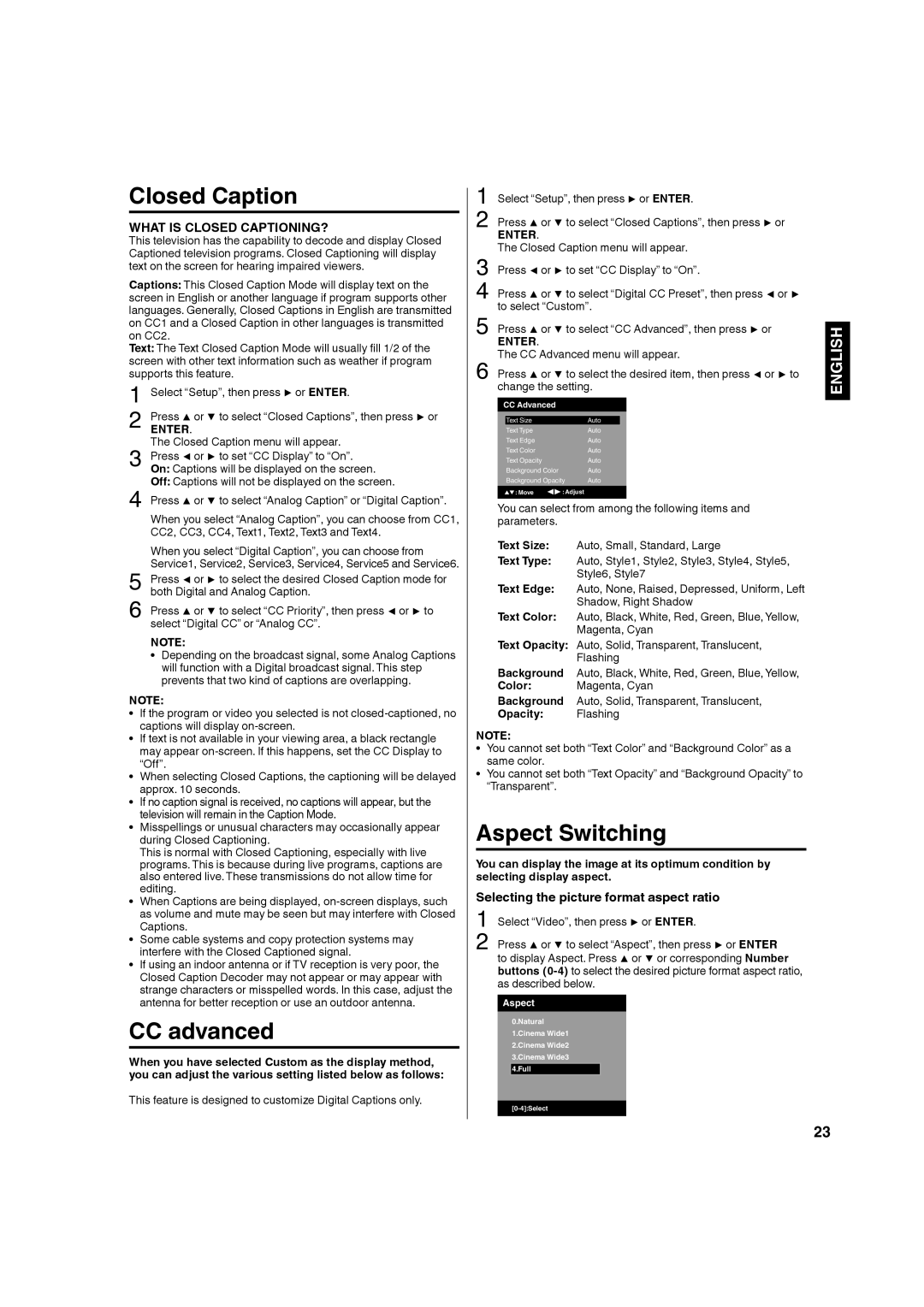 Hitachi L32A104 important safety instructions Closed Caption, CC advanced, Aspect Switching, Opacity Flashing 