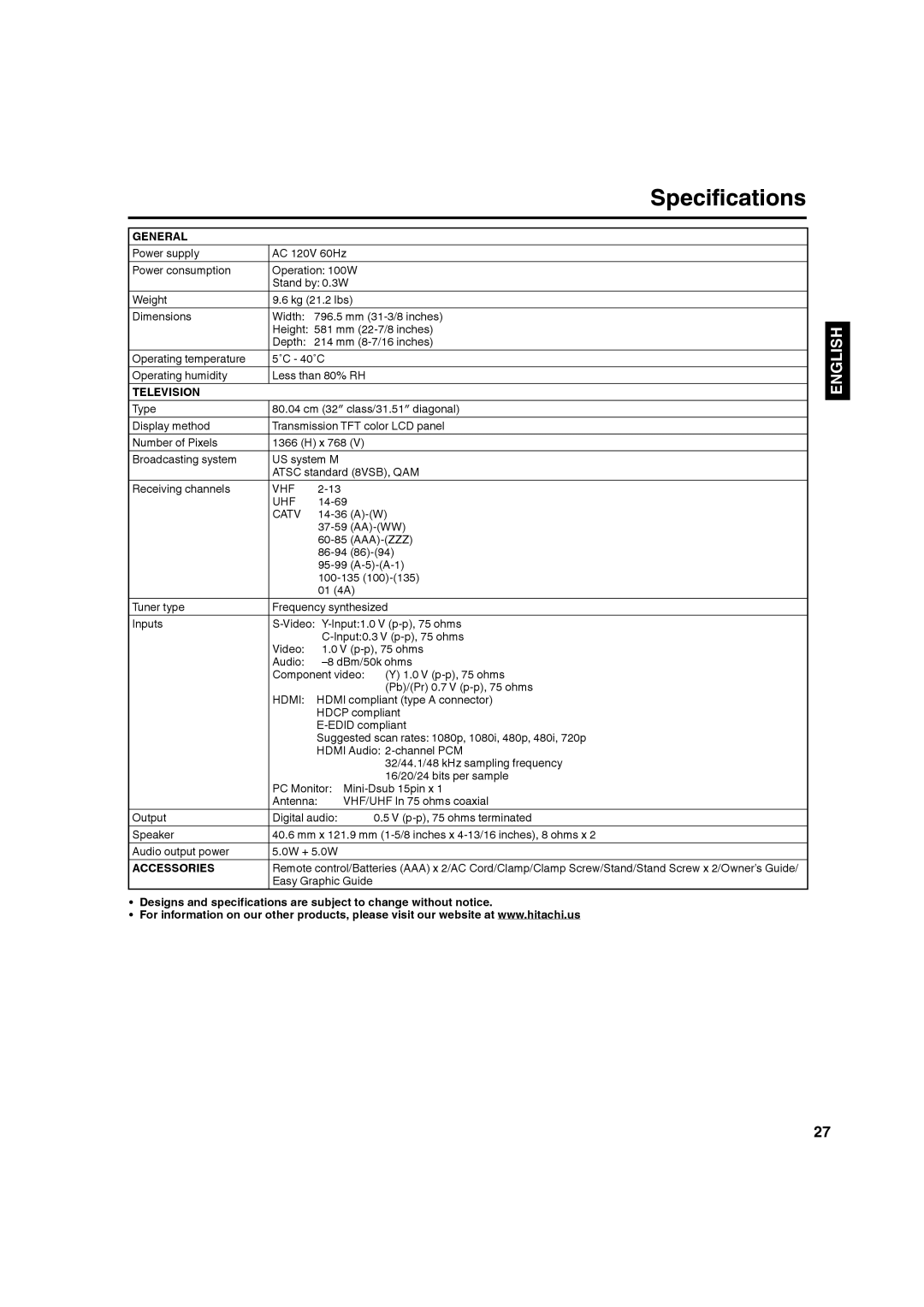 Hitachi L32A104 important safety instructions Specifications, General, Television, 14-69, Accessories 