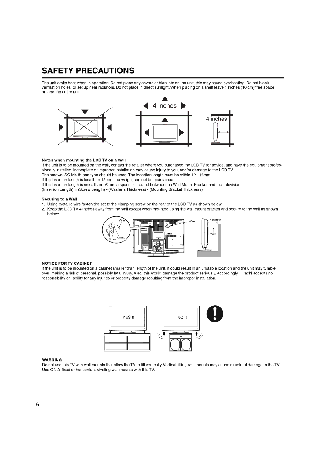 Hitachi L32A104 important safety instructions Safety Precautions, Securing to a Wall 