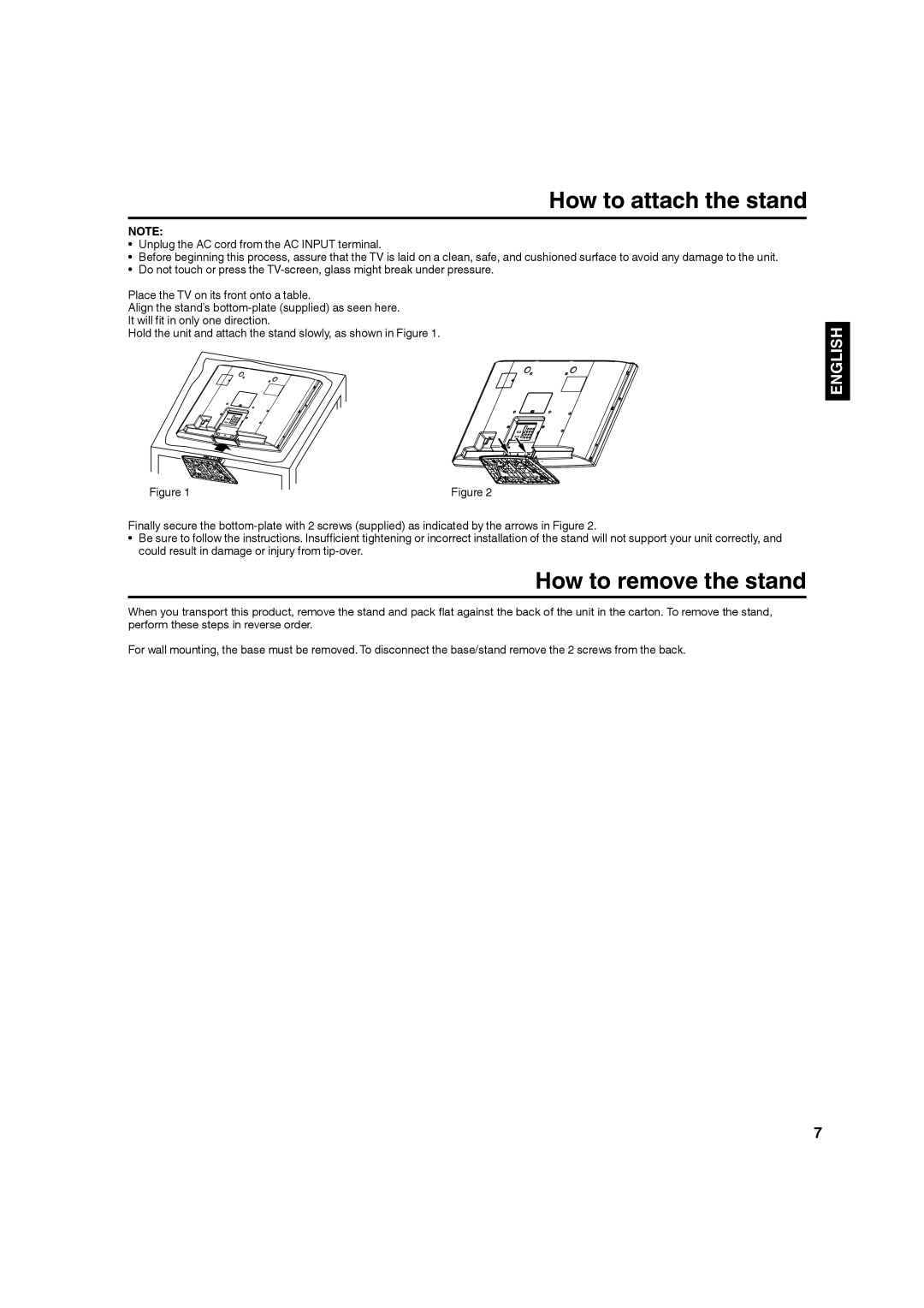 Hitachi L32A104 important safety instructions How to attach the stand, How to remove the stand 