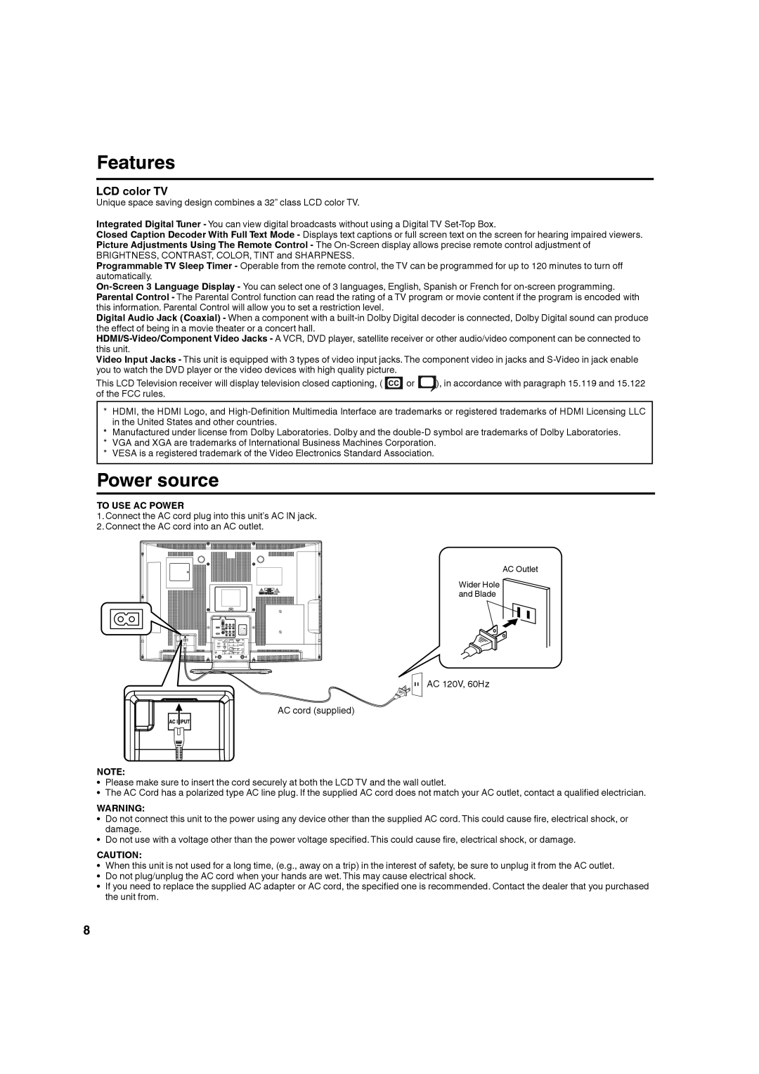 Hitachi L32A104 Features, Power source, Effect of being in a movie theater or a concert hall, This unit, To USE AC Power 