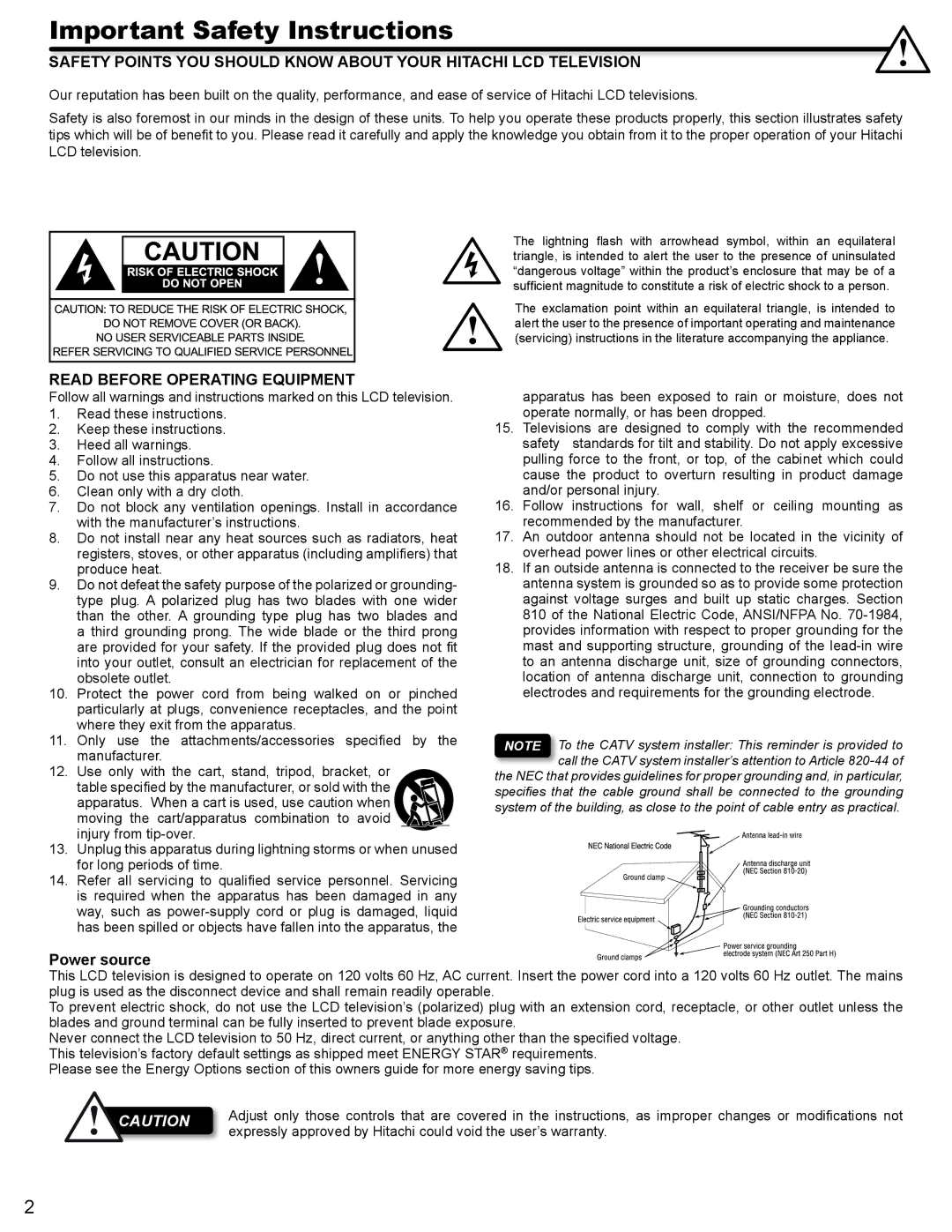 Hitachi L32A404 important safety instructions Important Safety Instructions, Read Before Operating Equipment, Power source 