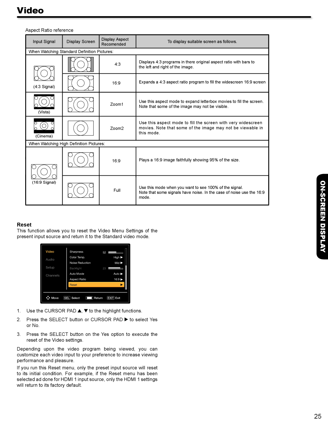 Hitachi L32A404 important safety instructions Reset, Aspect Ratio reference 