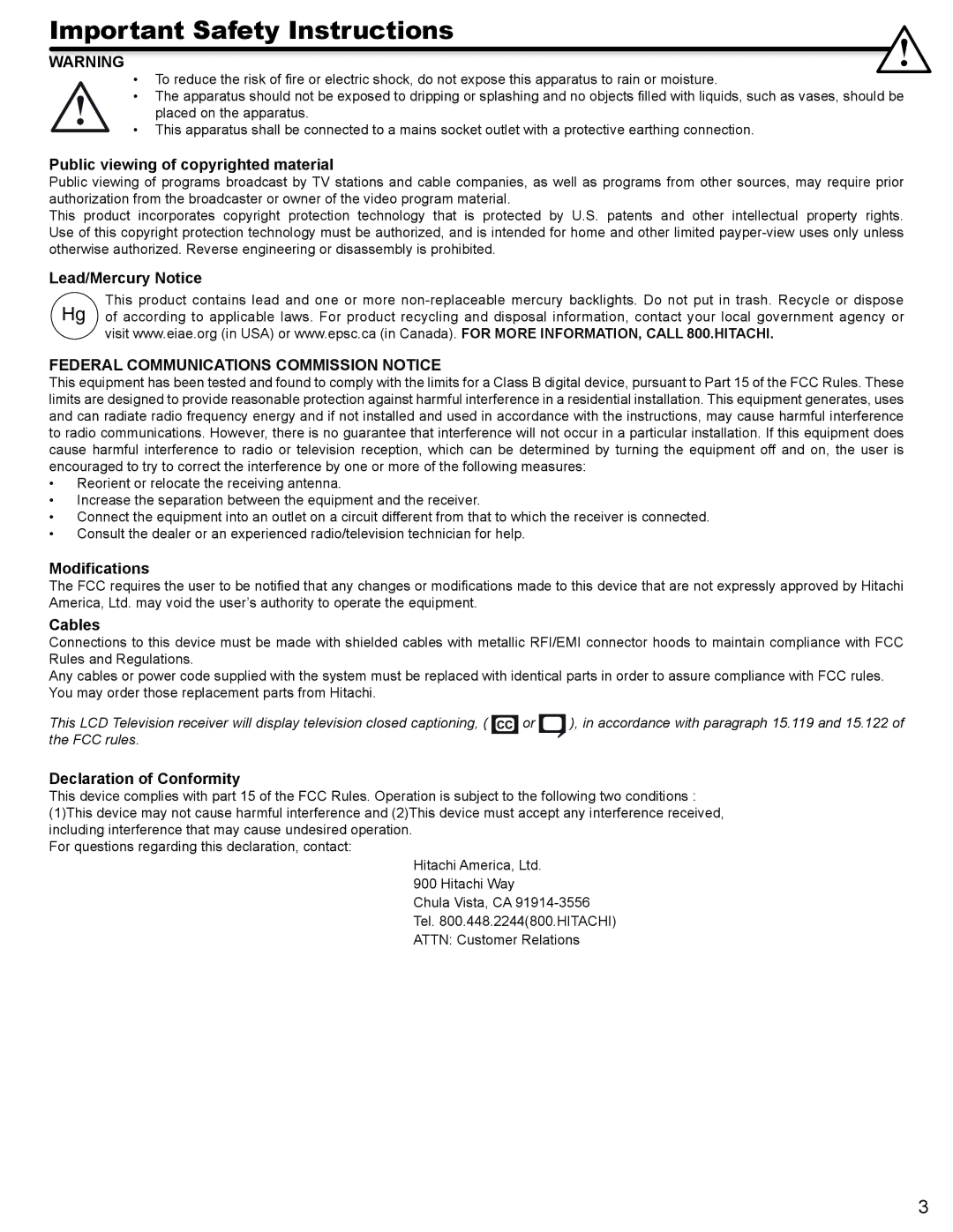 Hitachi L32A404 Public viewing of copyrighted material, Lead/Mercury Notice, Federal Communications Commission Notice 