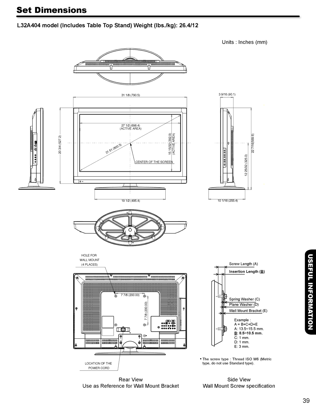 Hitachi L32A404 important safety instructions Set Dimensions, Units Inches mm 