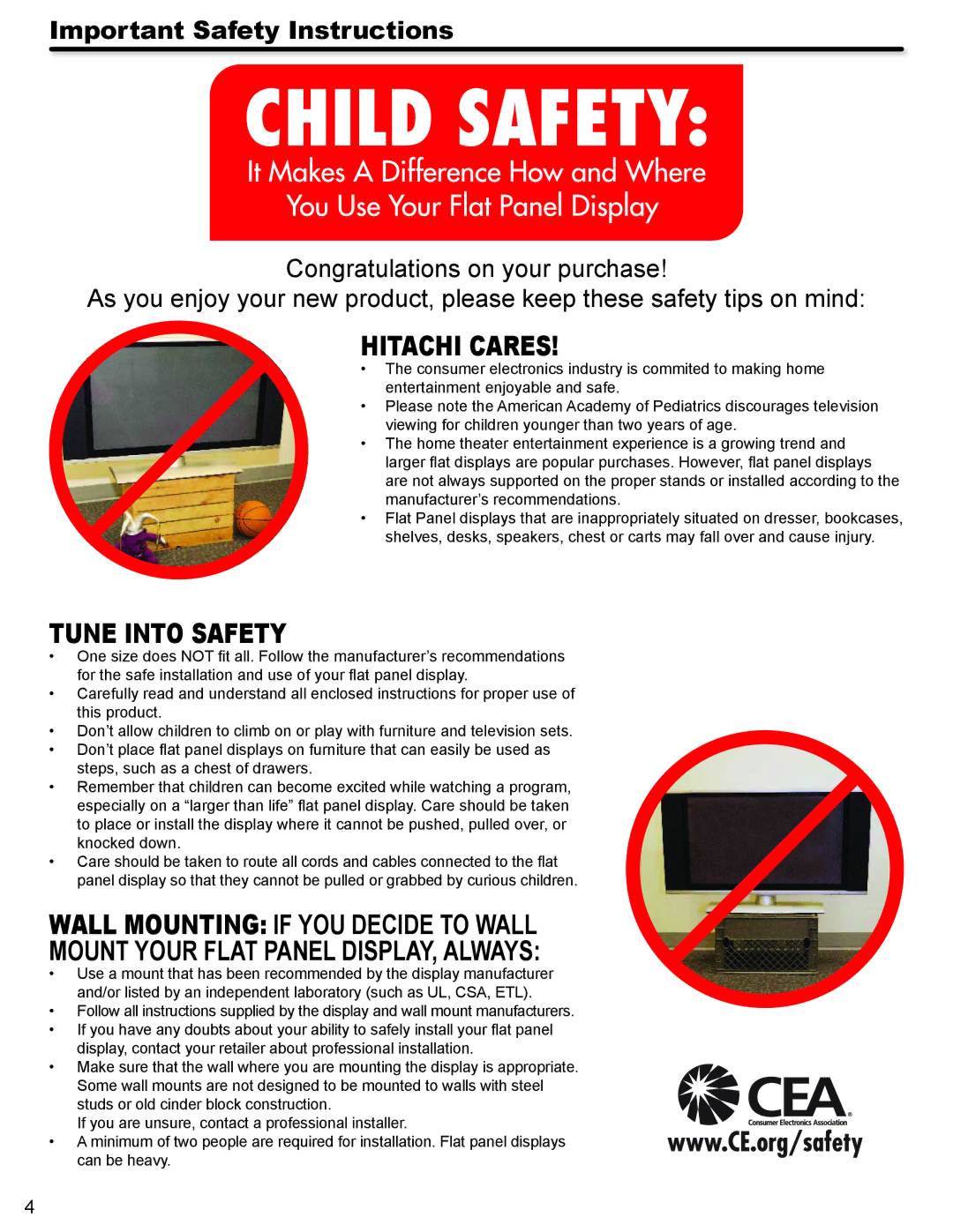 Hitachi L32A404 important safety instructions Hitachi Cares 