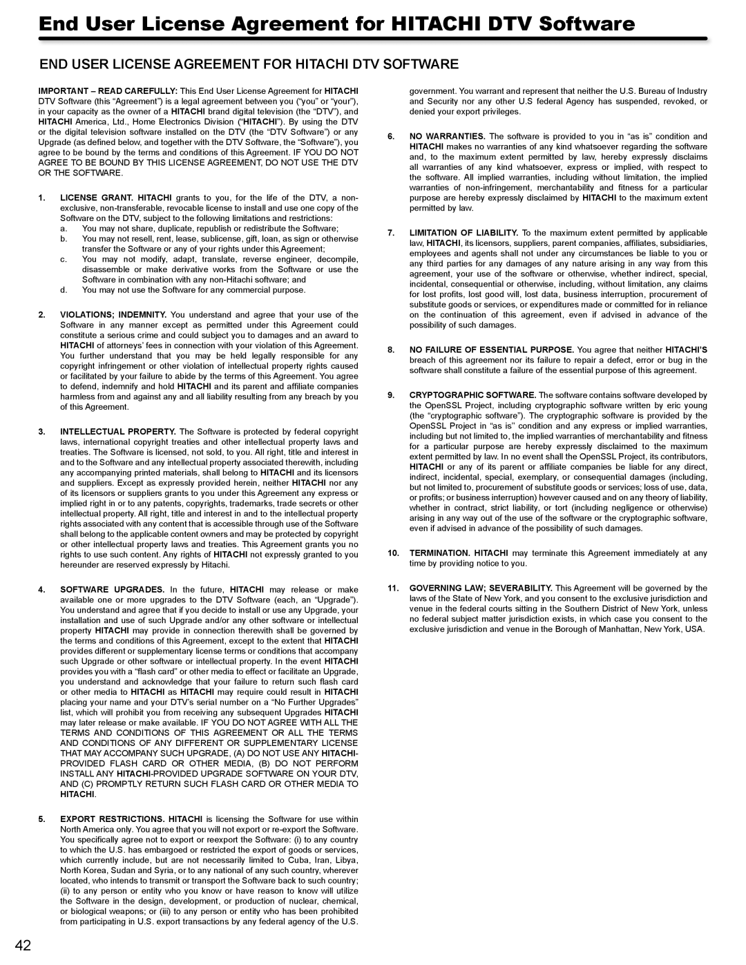 Hitachi L32A404 End User License Agreement for Hitachi DTV Software, END User License Agreement for Hitachi DTV Software 