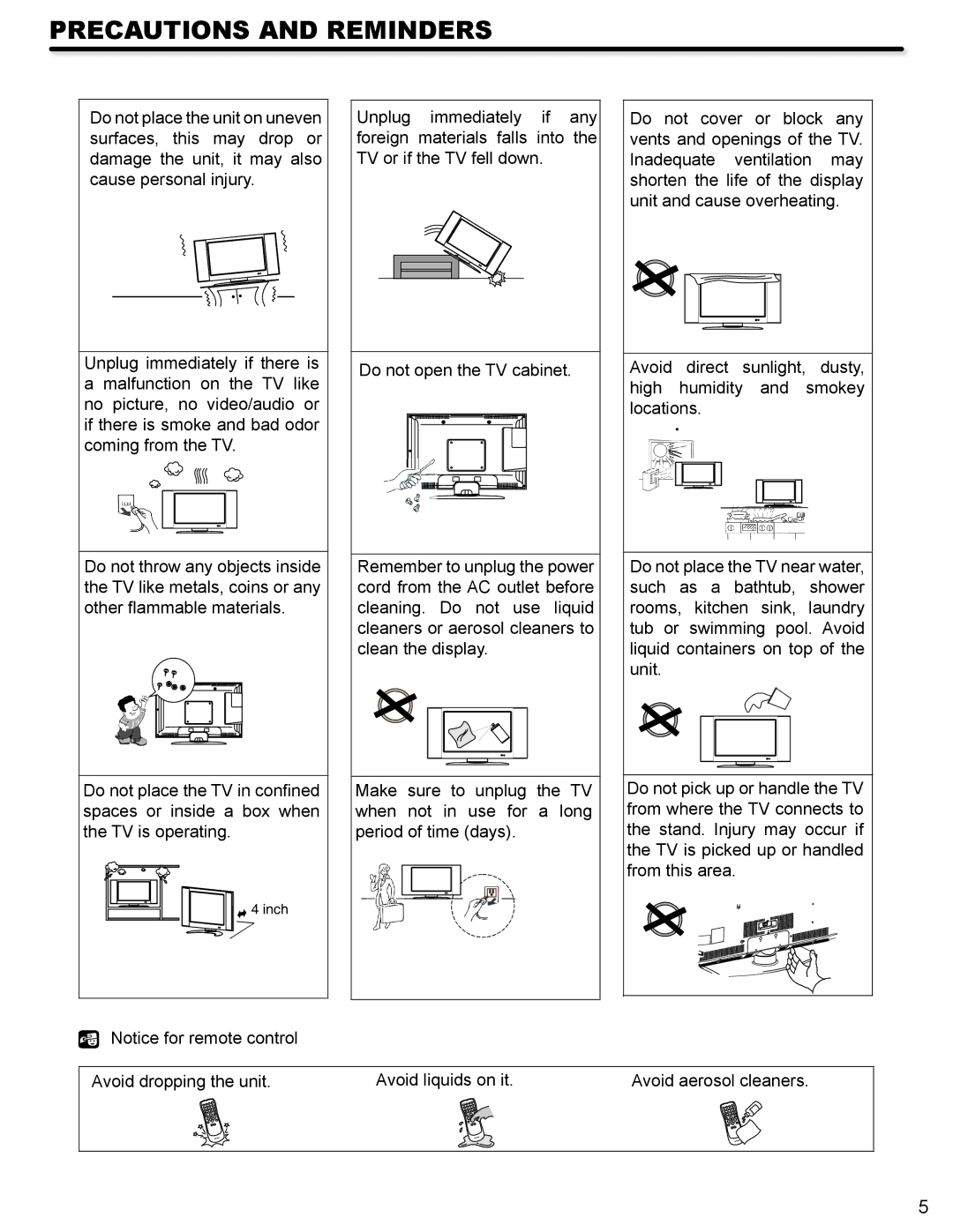 Hitachi L32A404 important safety instructions Precautions and Reminders 