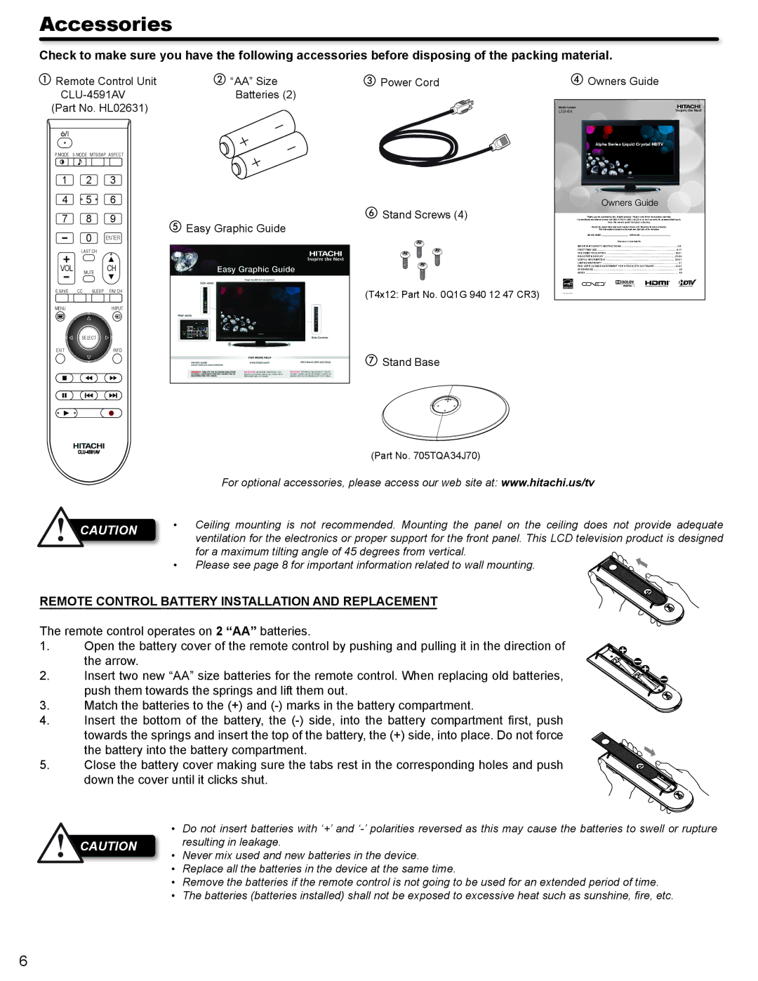 Hitachi L32A404 important safety instructions Accessories, Remote Control Battery Installation and Replacement 