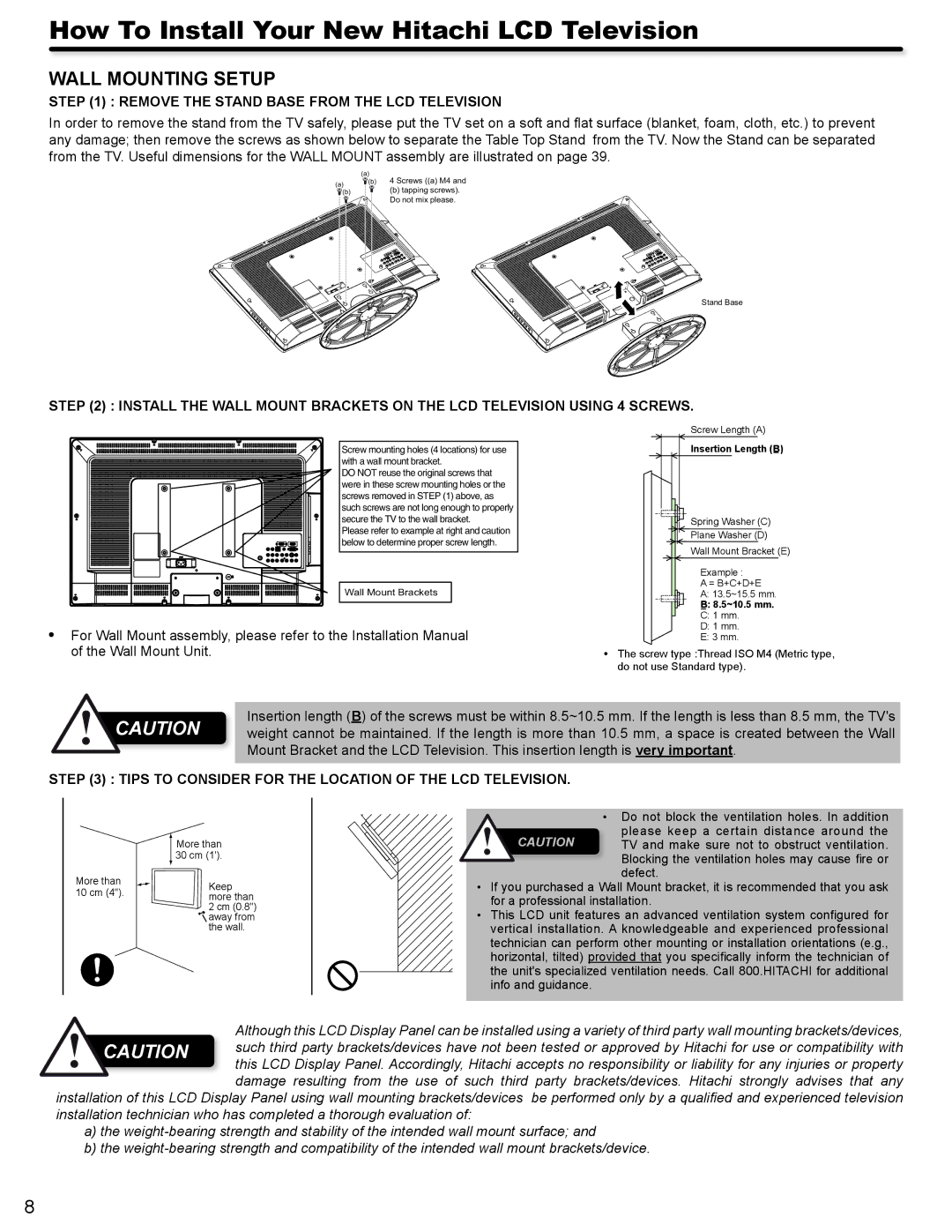 Hitachi L32A404 important safety instructions Wall Mounting Setup 