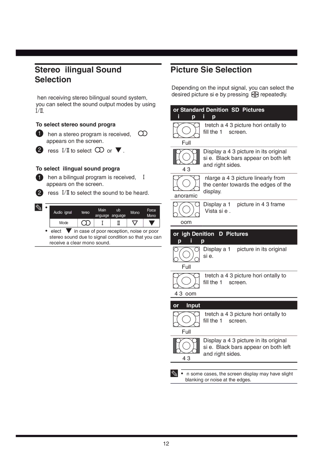 Hitachi L32AX03A user manual Stereo/Bilingual Sound Selection, Picture Size Selection, For RGB Input 