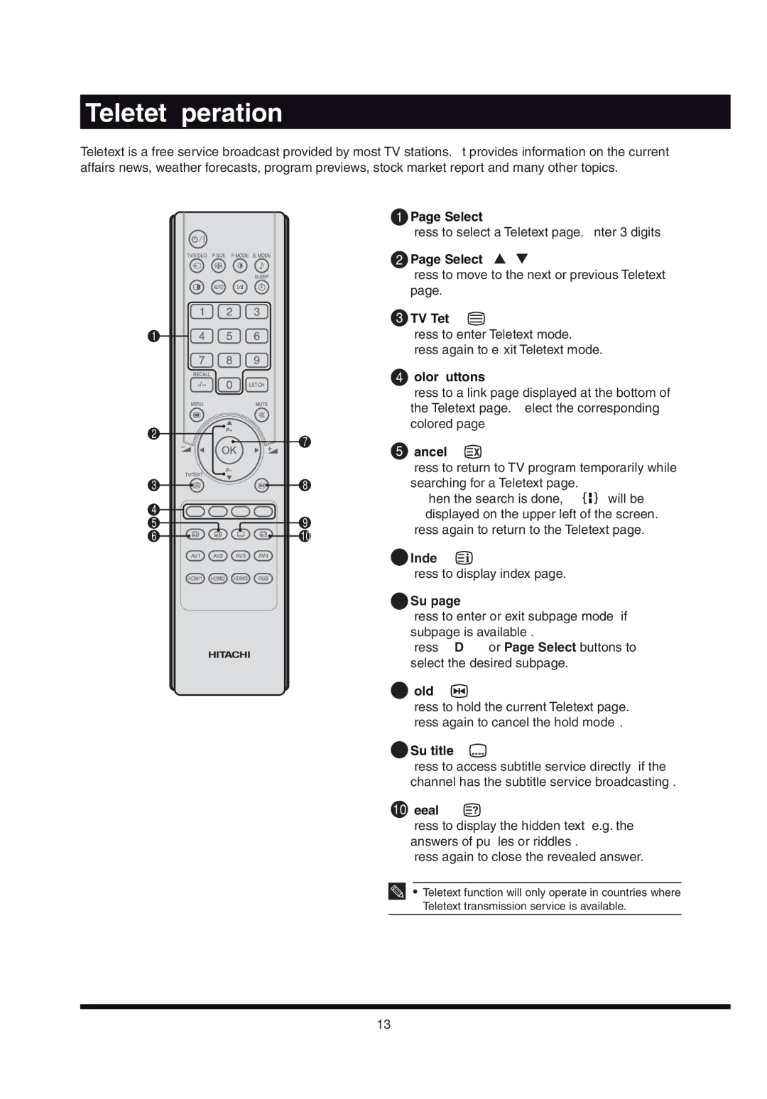 Hitachi L32AX03A user manual Teletext Operation, Subpage OK 