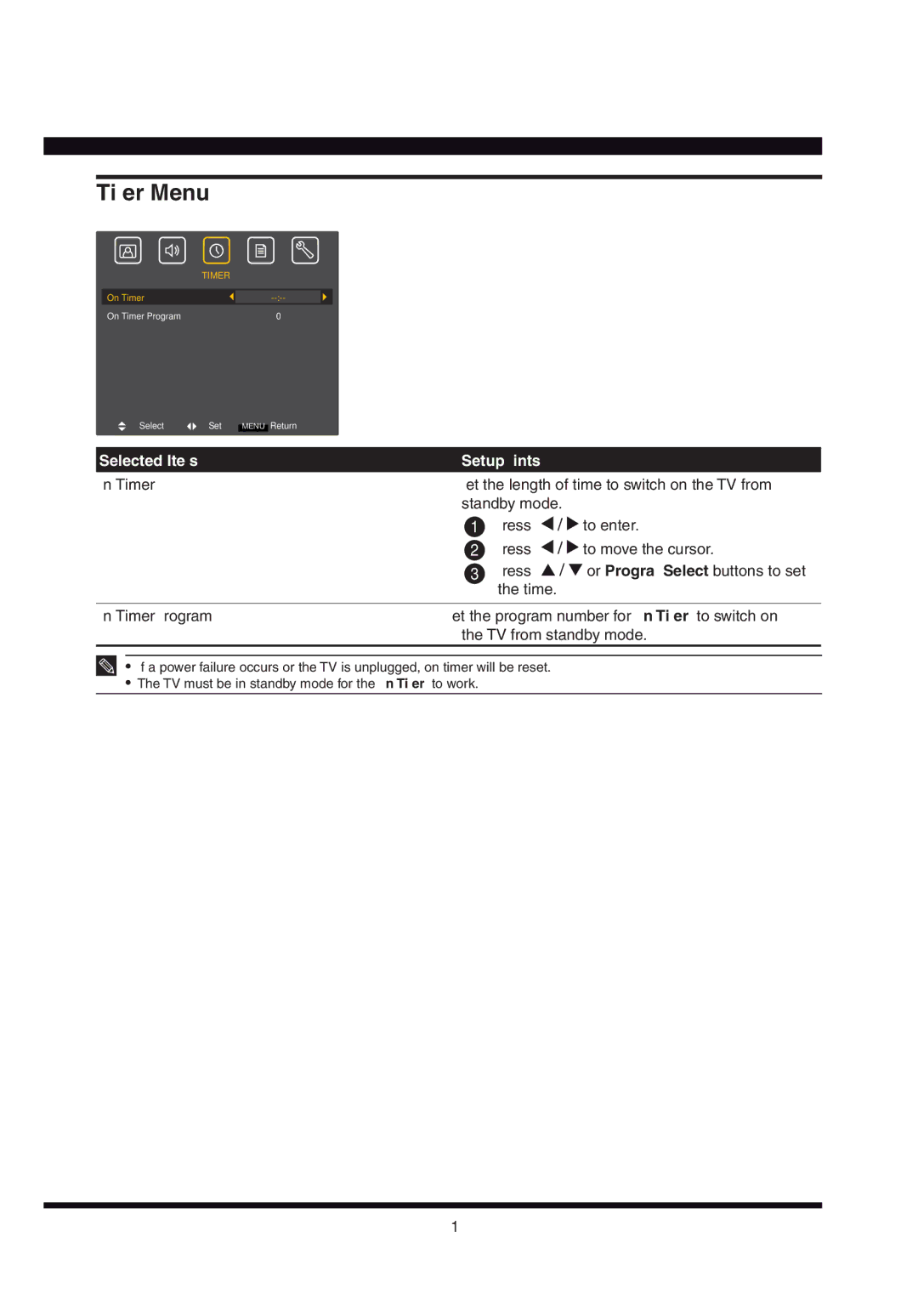 Hitachi L32AX03A user manual Timer Menu, Time On Timer Program, TV from standby mode 