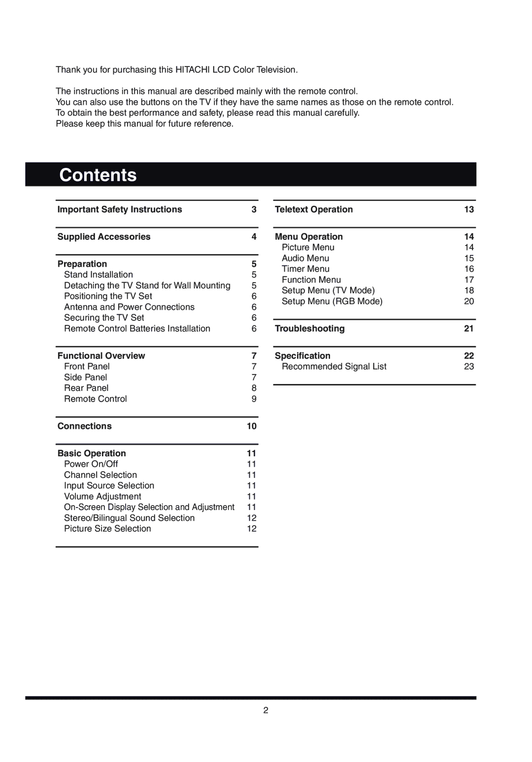 Hitachi L32AX03A user manual Contents 