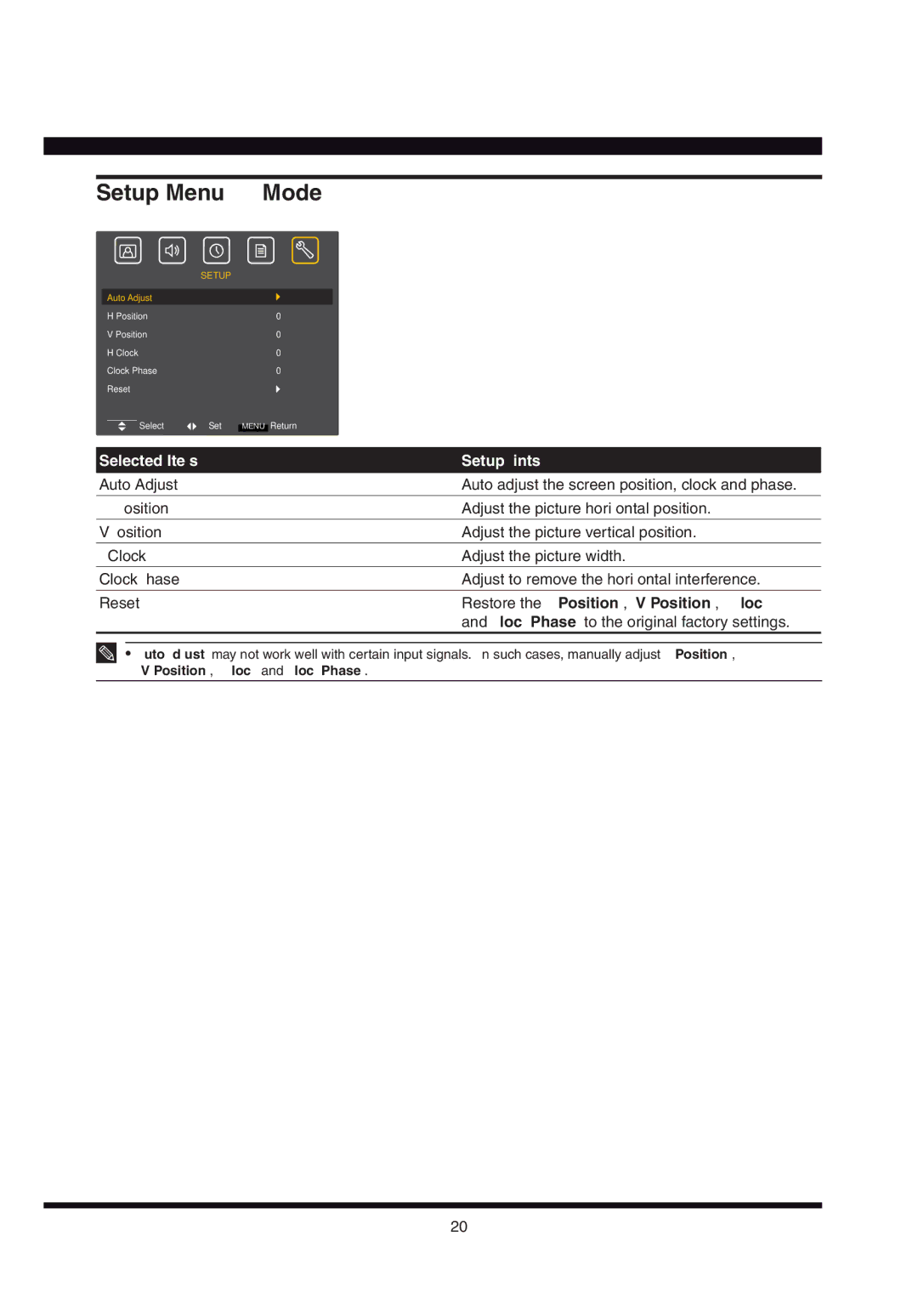 Hitachi L32AX03A user manual Setup Menu RGB Mode, Restore the H Position, V Position, H Clock 