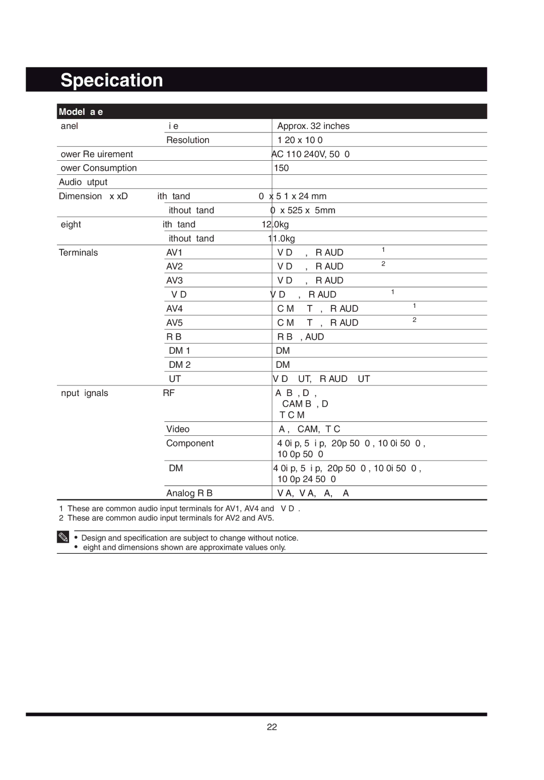 Hitachi user manual Speciﬁcation, Model Name L32AX03A 