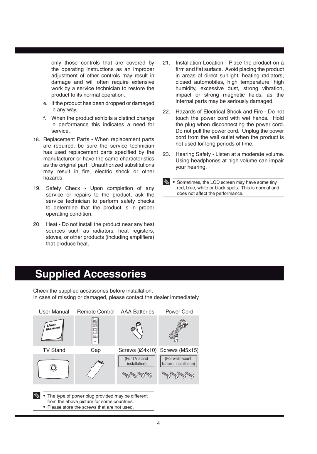 Hitachi L32AX03A user manual Supplied Accessories, Screws M5x15 