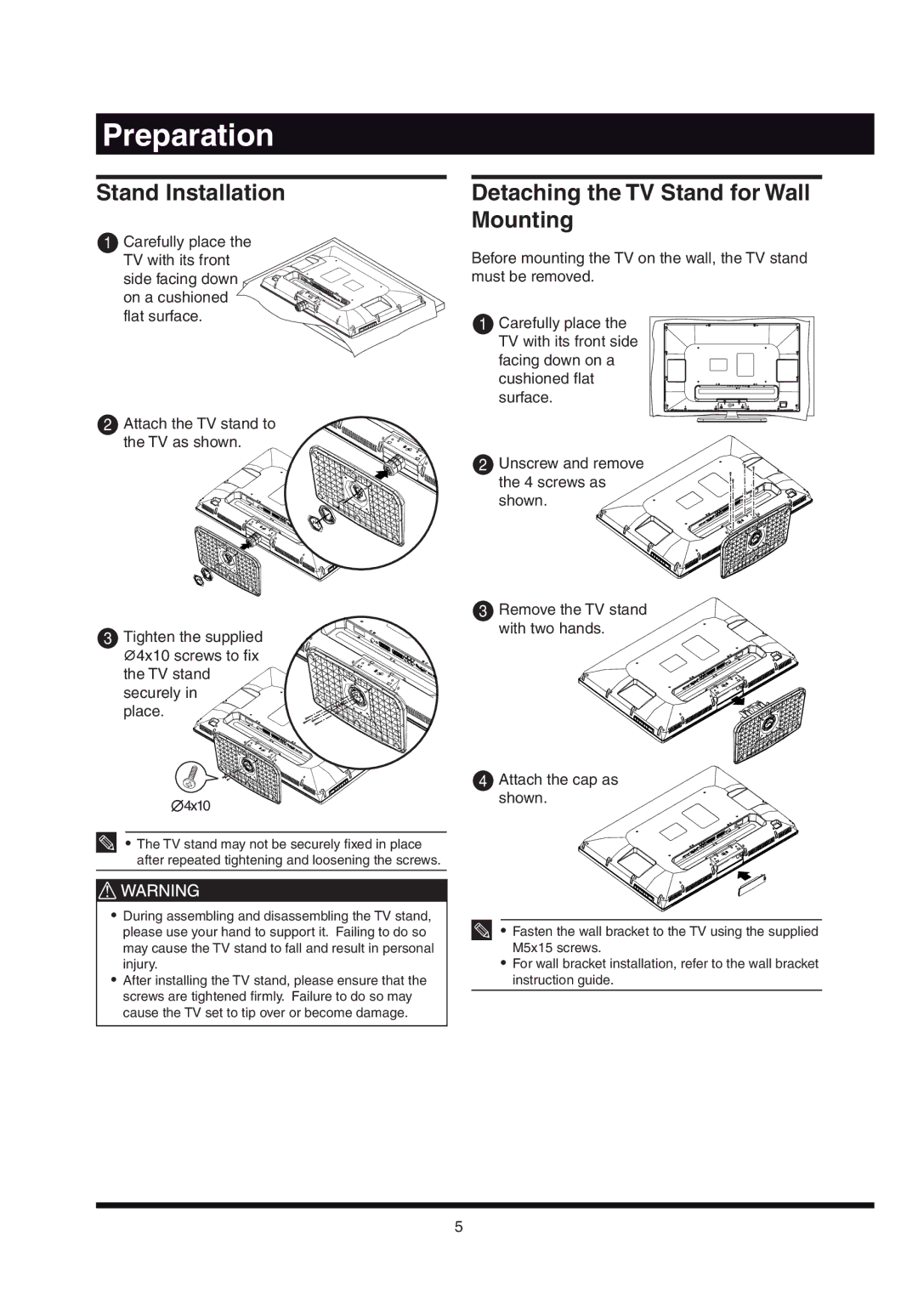 Hitachi L32AX03A Preparation, Stand Installation, Detaching the TV Stand for Wall Mounting, Attach the cap as shown 