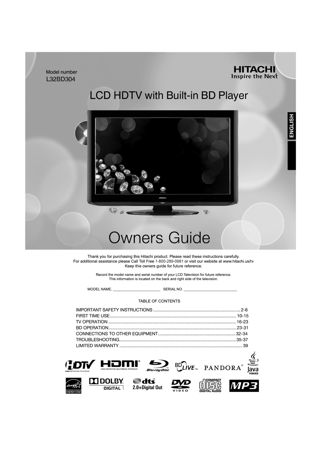Hitachi L32BD304 manual LCD Hdtv with Built-in BD Player 