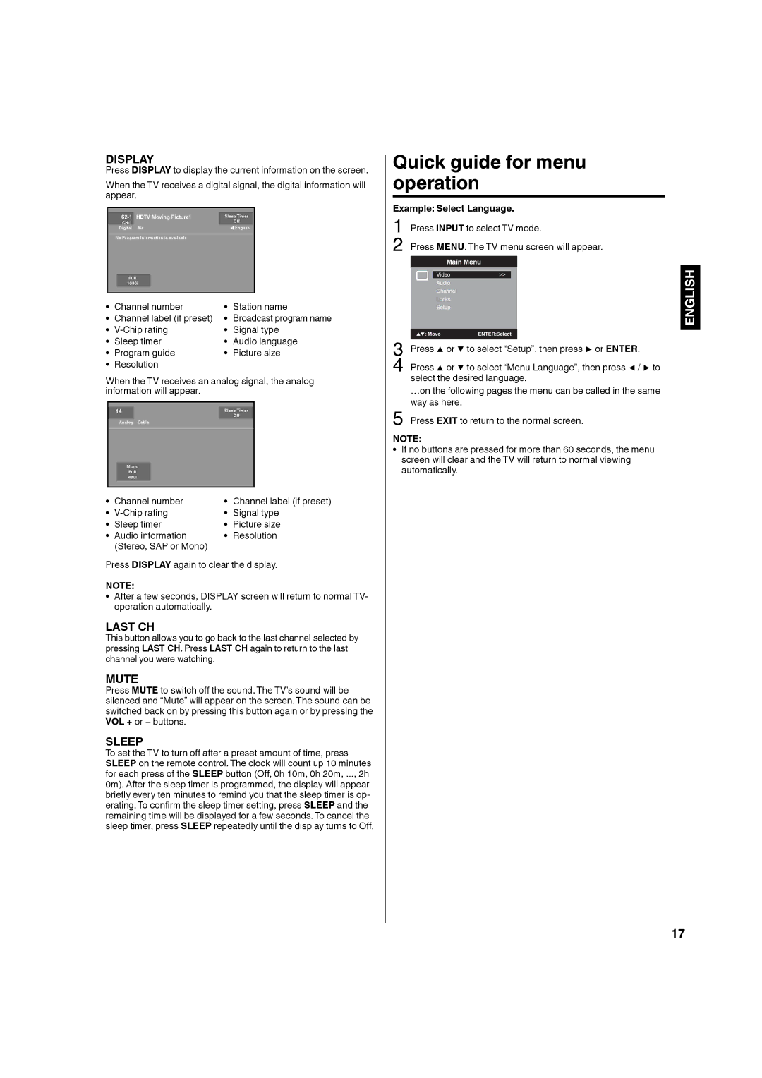 Hitachi L32BD304 manual Quick guide for menu operation, Example Select Language 