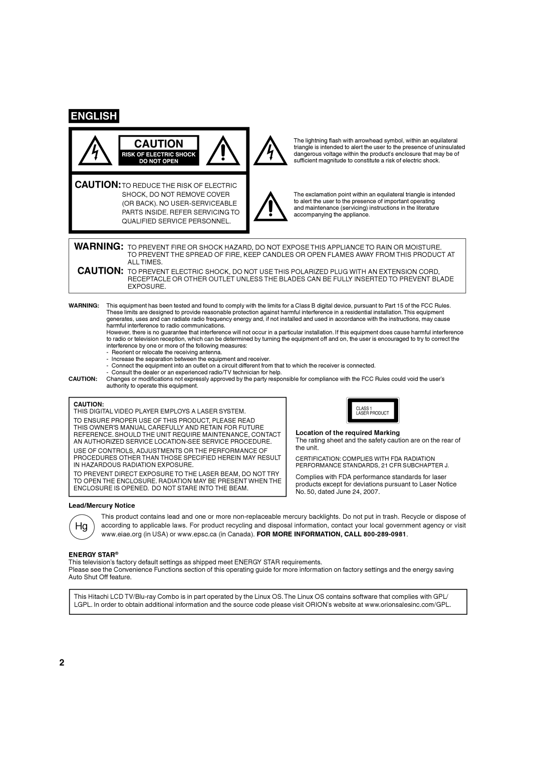 Hitachi L32BD304 manual Lead/Mercury Notice, Location of the required Marking, Energy Star 