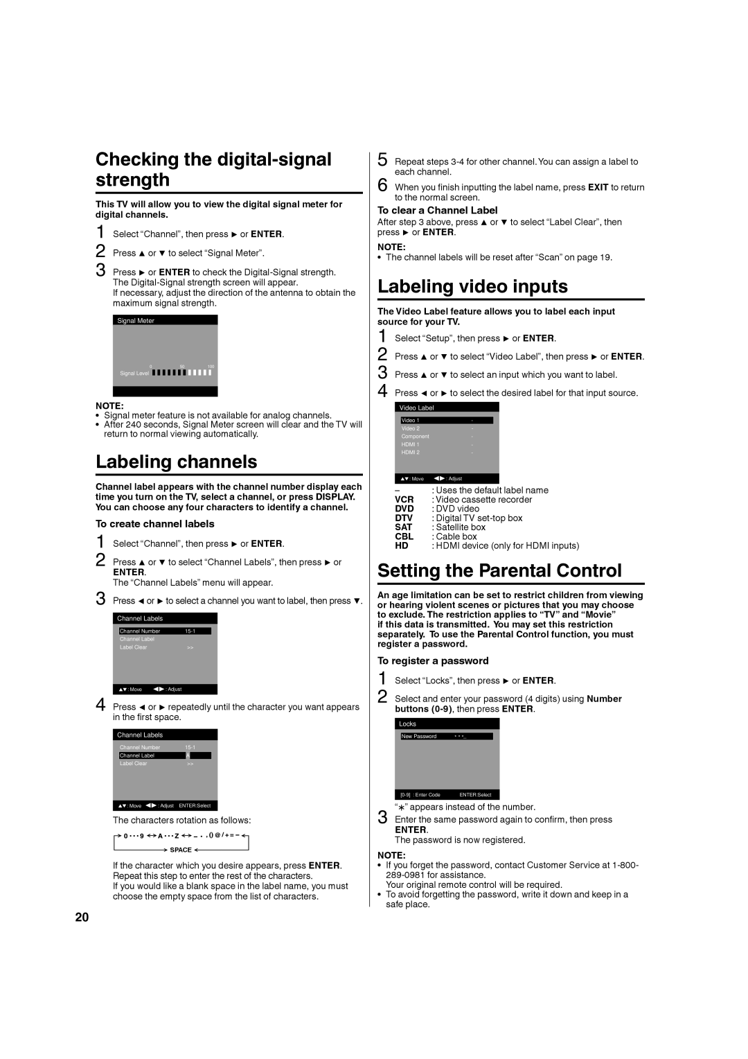 Hitachi L32BD304 Labeling video inputs, Setting the Parental Control, To clear a Channel Label, To register a password 