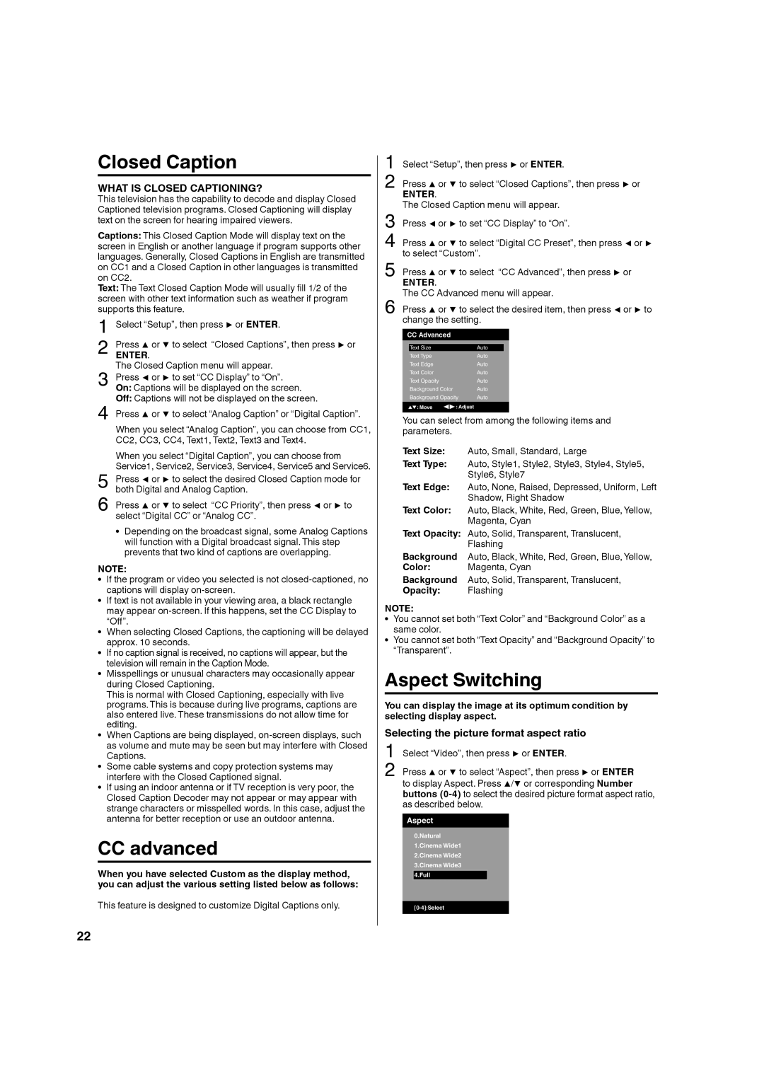 Hitachi L32BD304 manual Closed Caption, CC advanced, Aspect Switching, Opacity Flashing 