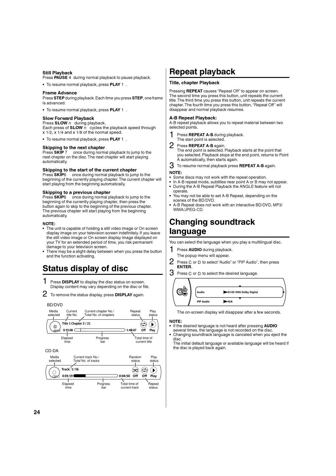 Hitachi L32BD304 manual Status display of disc, Repeat playback, Changing soundtrack language 