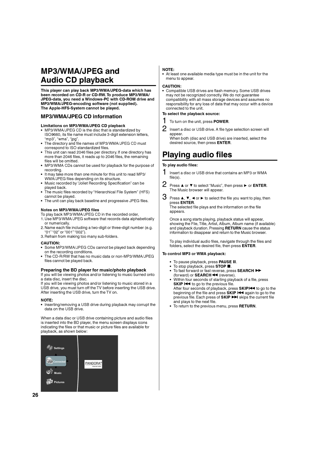 Hitachi L32BD304 MP3/WMA/JPEG Audio CD playback, Playing audio files, Preparing the BD player for music/photo playback 