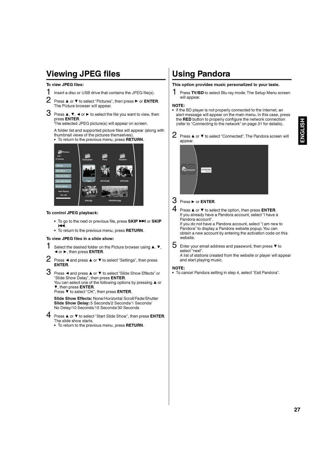 Hitachi L32BD304 manual Viewing Jpeg files, Using Pandora 