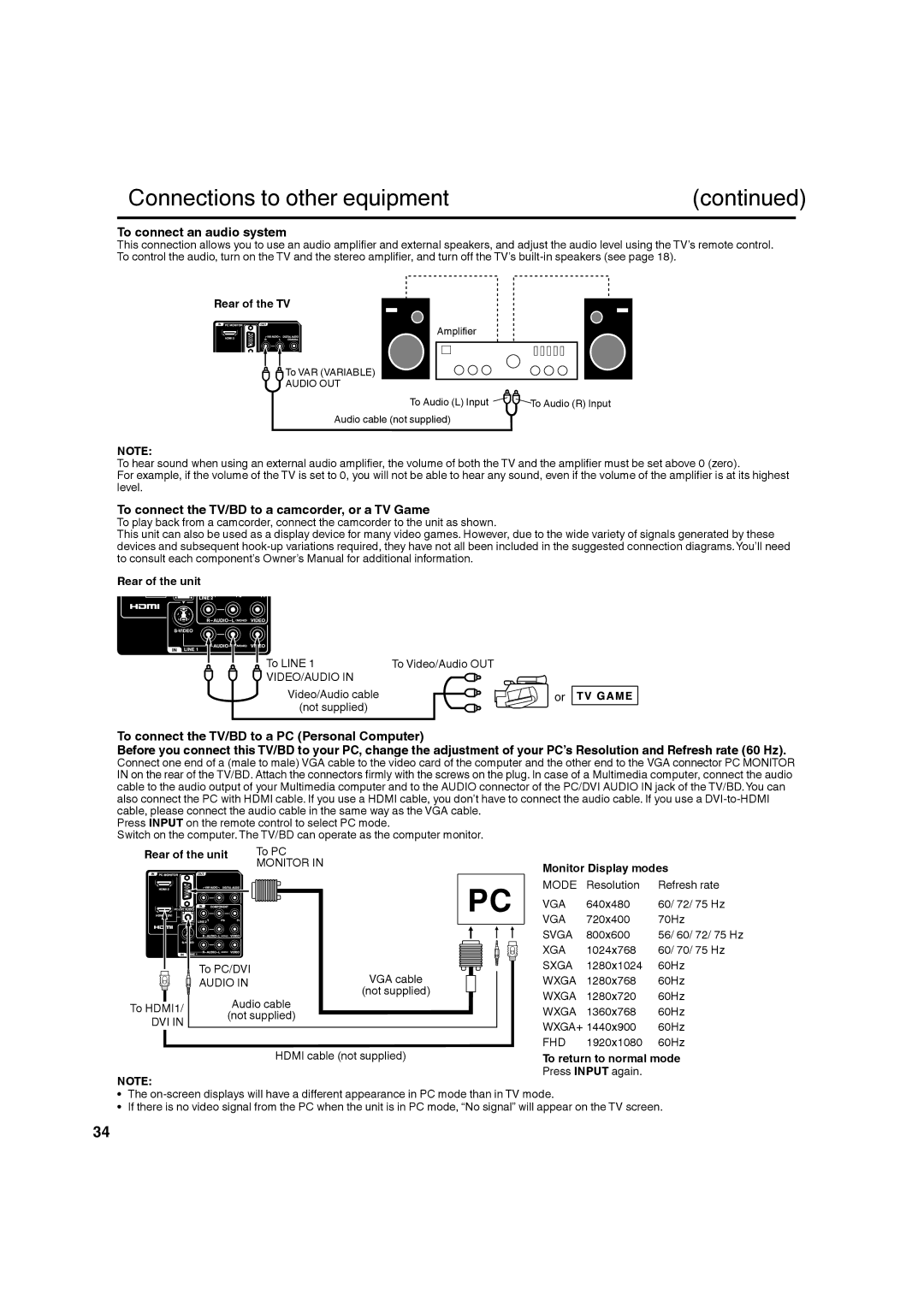 Hitachi L32BD304 manual To connect an audio system, To connect the TV/BD to a camcorder, or a TV Game, Rear of the TV 