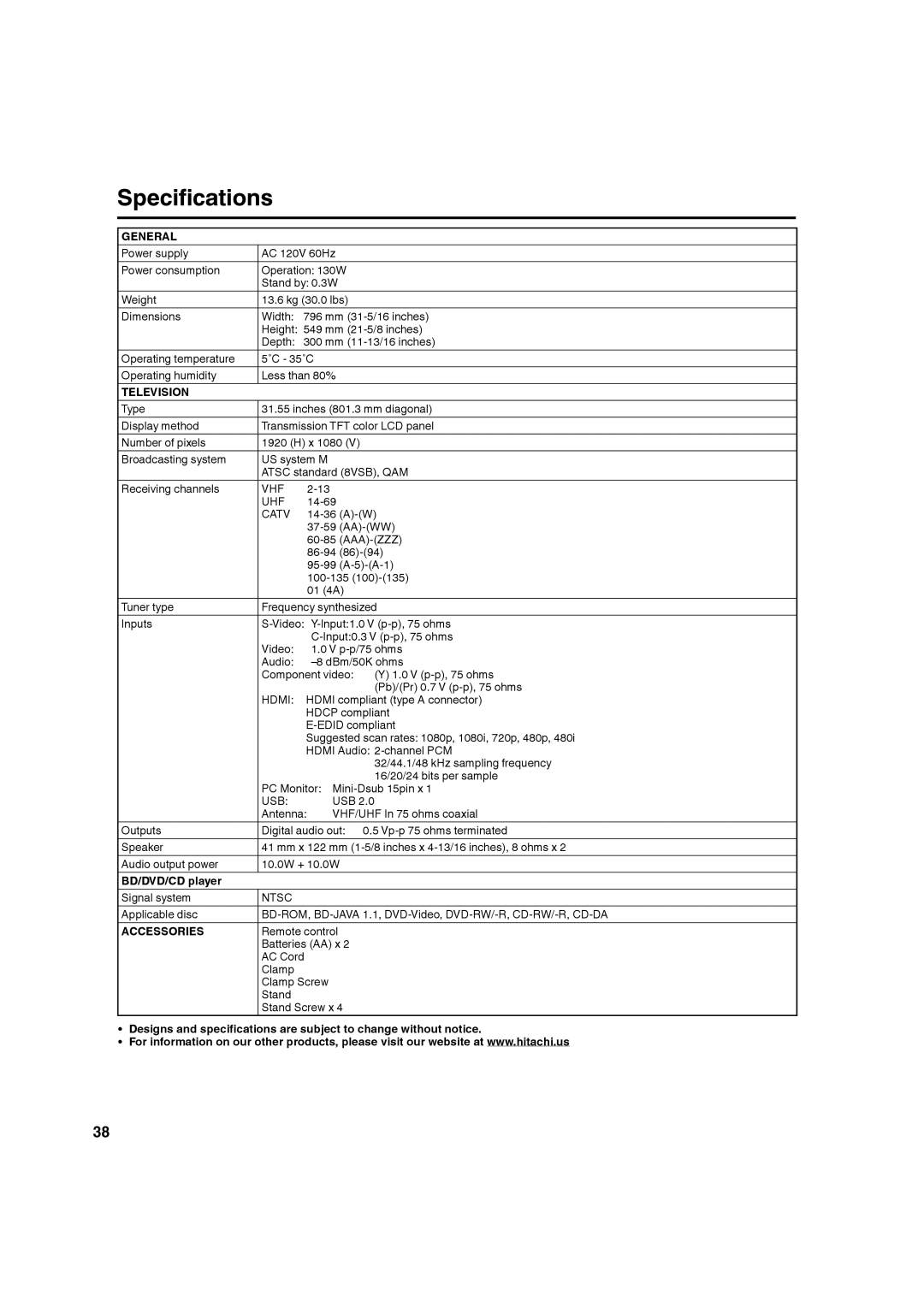 Hitachi L32BD304 manual Specifications, General, Television, BD/DVD/CD player, Accessories 