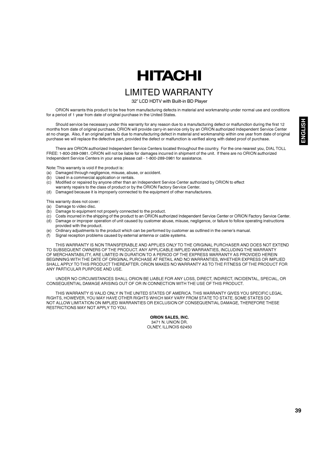 Hitachi L32BD304 manual Orion SALES, INC, 3471 N. Union DR 