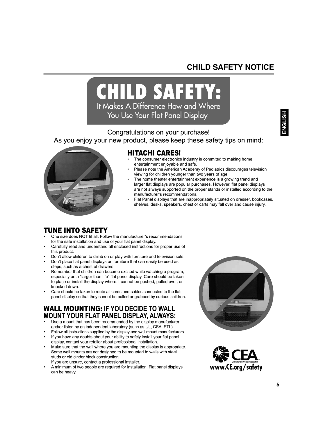 Hitachi L32BD304 manual Child Safety Notice 