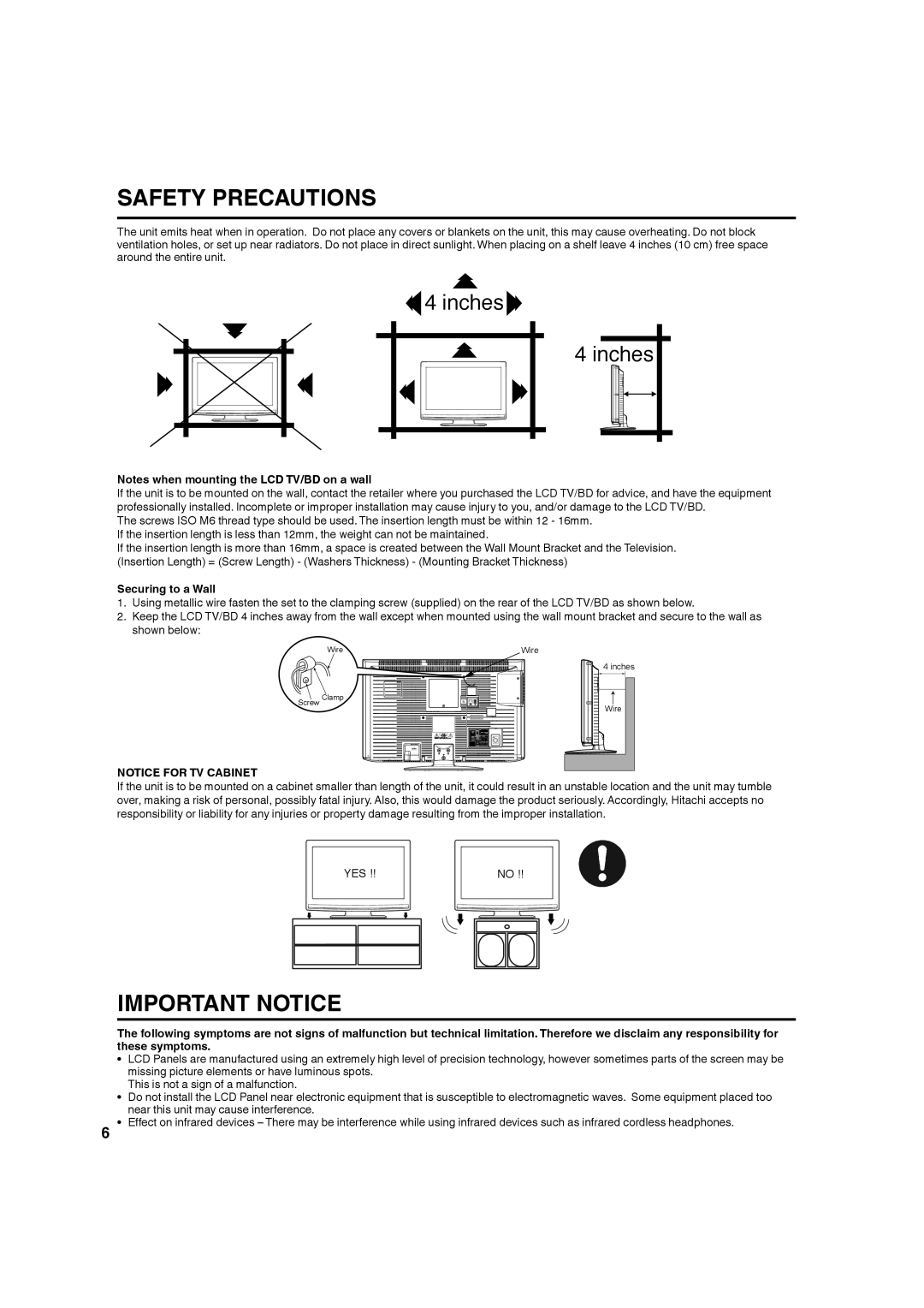 Hitachi L32BD304 manual Securing to a Wall, These symptoms, Missing picture elements or have luminous spots 