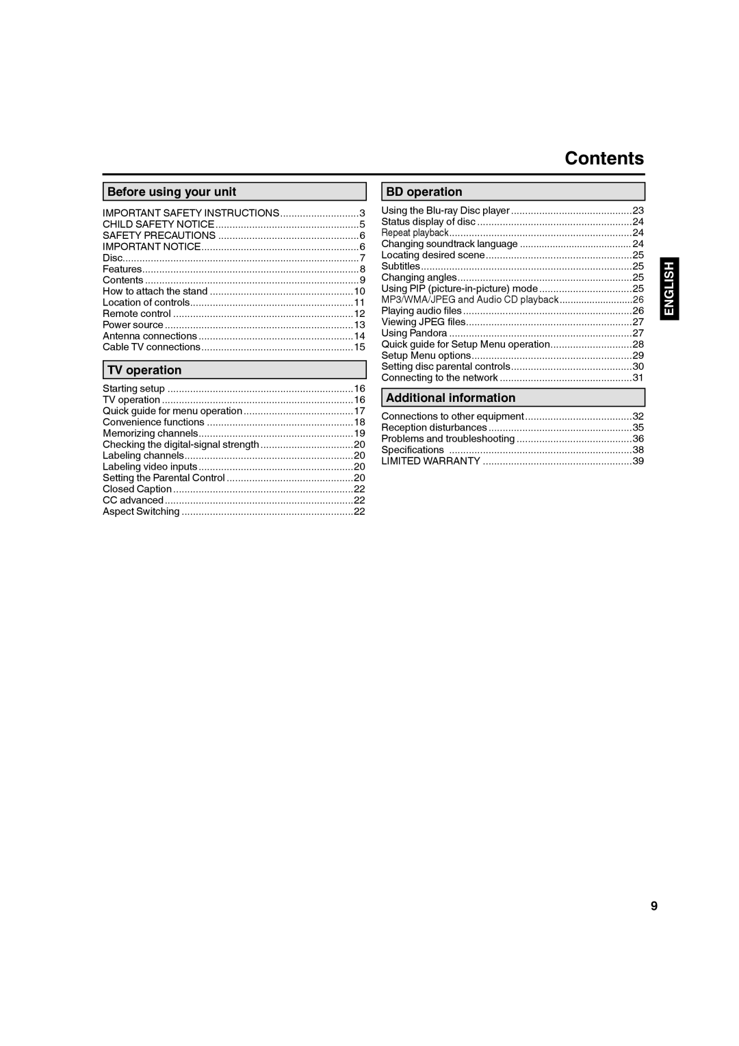 Hitachi L32BD304 manual Contents 