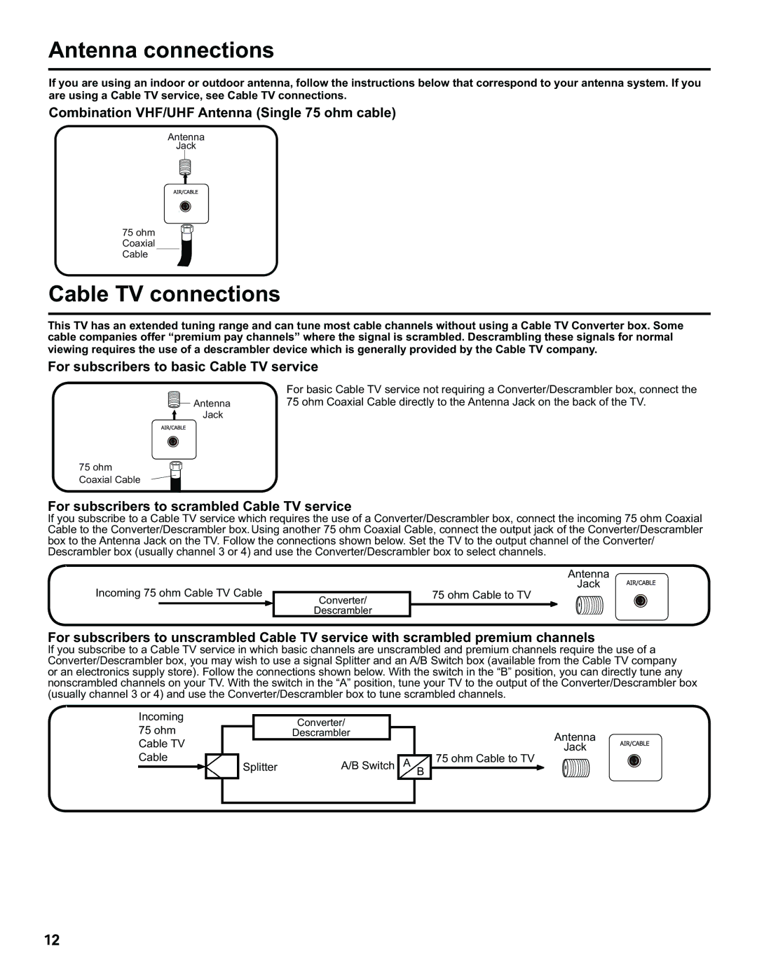 Hitachi L32C205 important safety instructions Antenna connections 