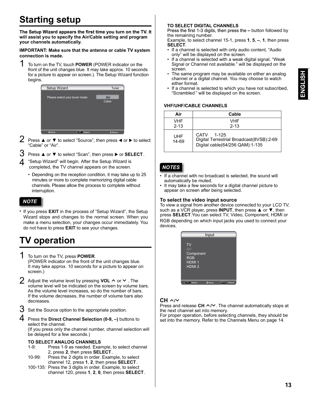 Hitachi L32C205 important safety instructions Starting setup 