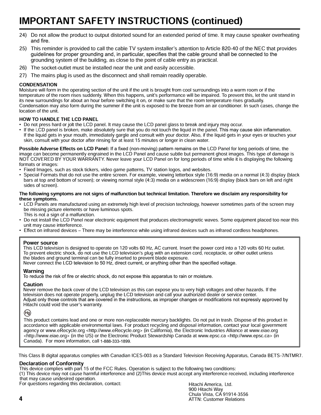 Hitachi L32C205 important safety instructions 