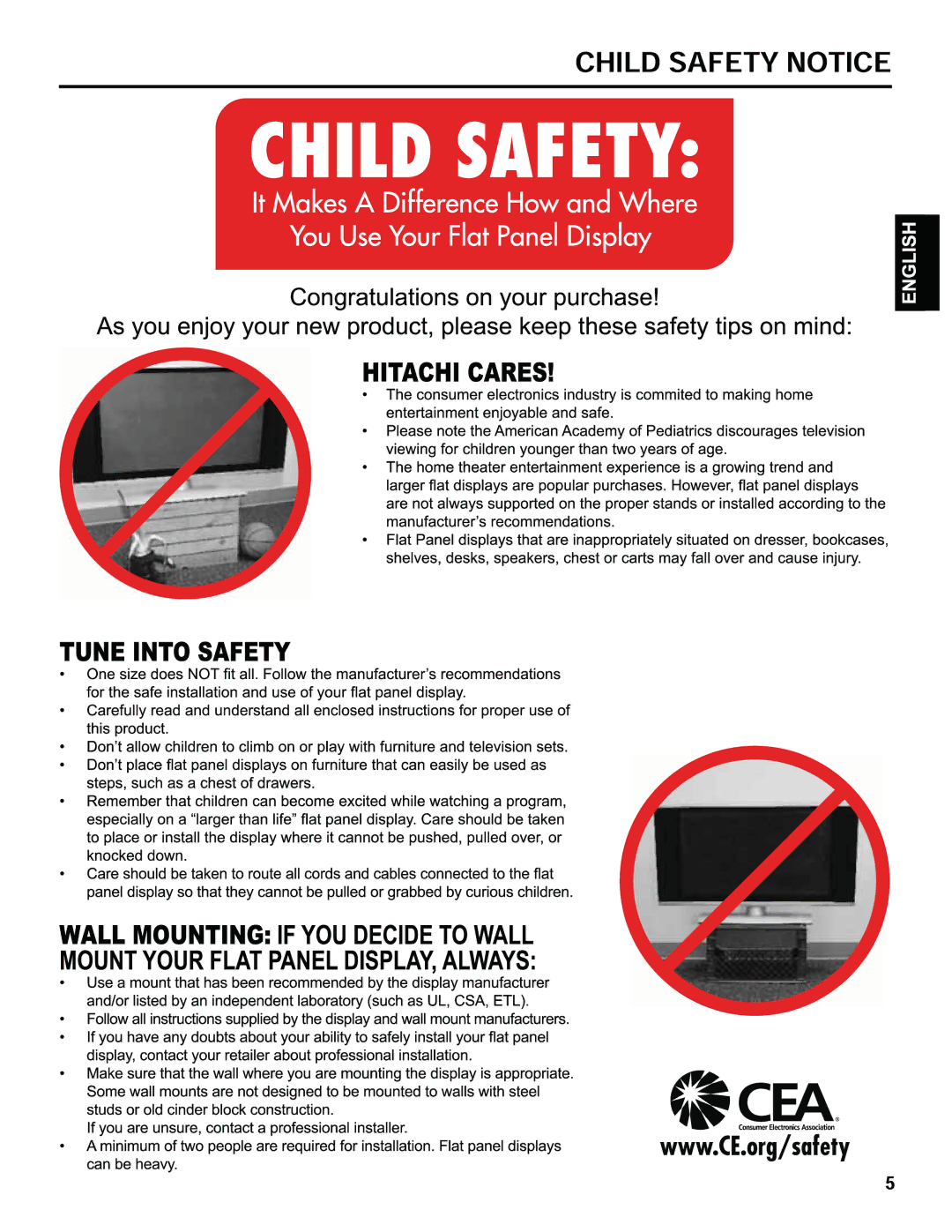 Hitachi L32C205 important safety instructions 