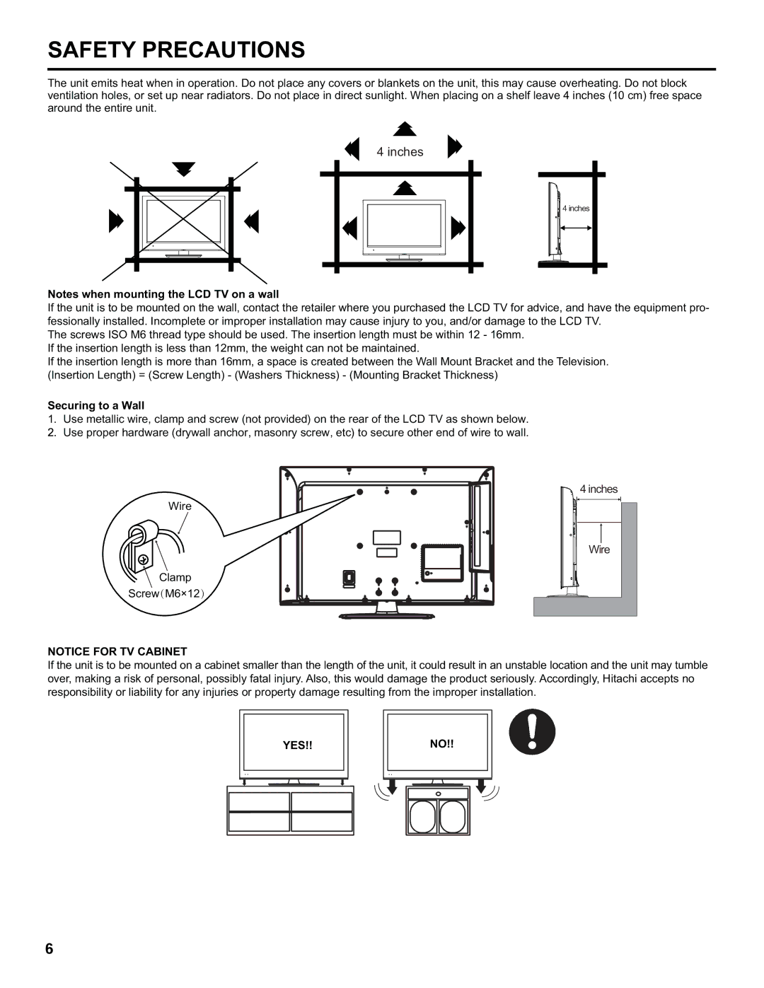 Hitachi L32C205 important safety instructions Safety Precautions 