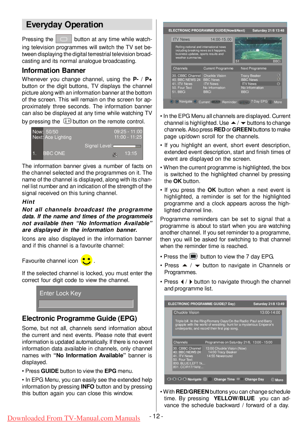 Hitachi L32HP01U manual Everyday Operation, Information Banner, Electronic Programme Guide EPG 