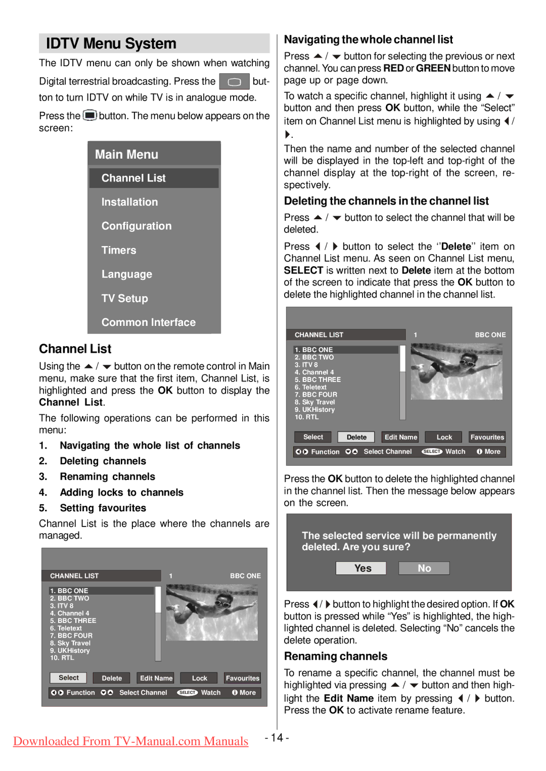 Hitachi L32HP01U manual Idtv Menu System, Channel List, Navigating the whole channel list, Renaming channels 